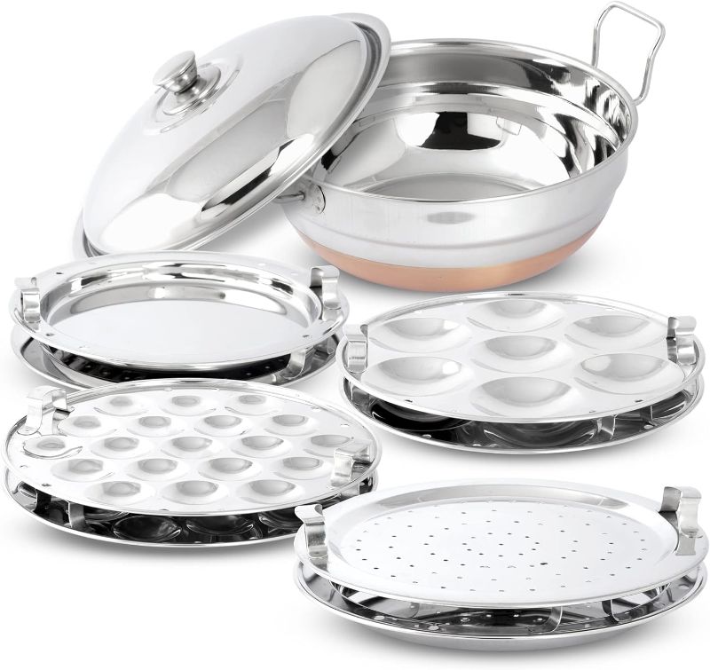 Photo 1 of Multi Purpose All-in-One Big Size Stainless Steel Idli Cooker Steamer with Copper Bottom Multi Kadai with 7 Plates Big Size 2 Idli Plates | 2 Mini Idli Plates | 2 Dhokla Plates| 1 Momo's plate
