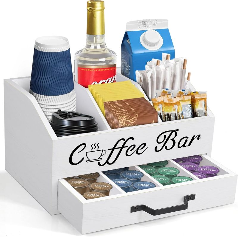 Photo 1 of Wood Coffee Bar Organizer with Drawer Countertop, Rustic Coffee Bar Accessories Coffee Station Organizer, Coffee Pod Holder, Coffee Bar Condiment Accessories and Storage for Coffee Decor