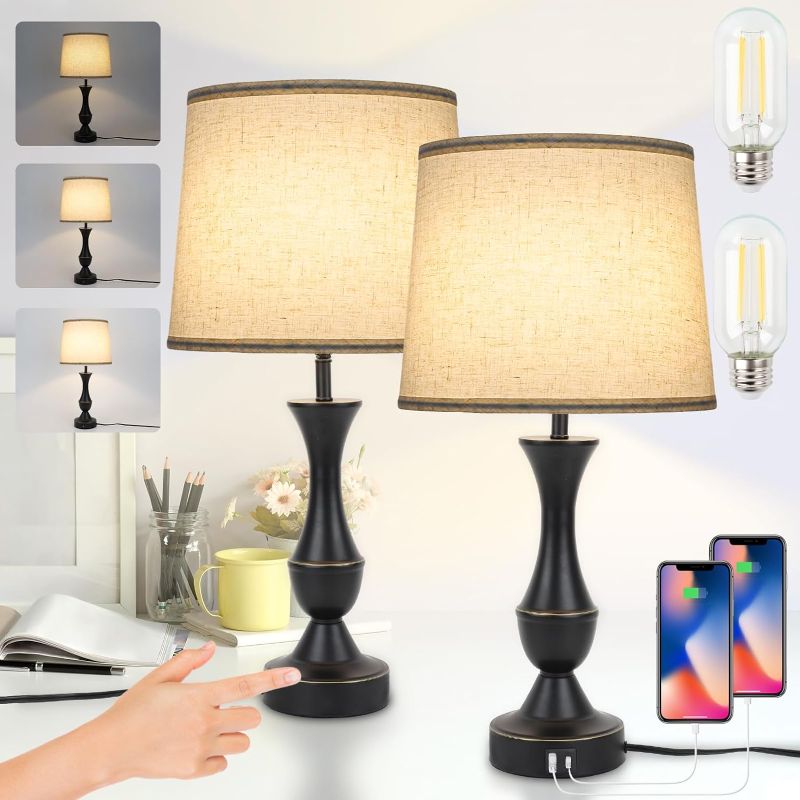 Photo 1 of Touch Lamps for Bedrooms Set of 2, Farmhouse Table Lamp with USB C Charging Port, 3 Way Dimmable Nightstand Lamps with Linen Fabric Lampshade for Bedroom, Living Room (Pack2-Black