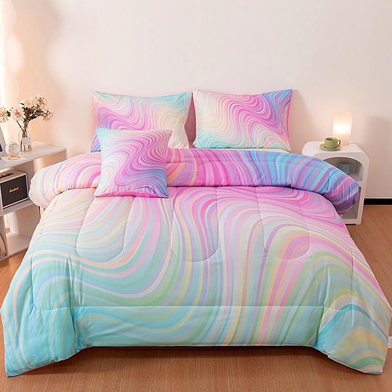 Photo 1 of ASKOTU 4 Pcs Pink Full Comforter Set for Girls, Tie Dye Superior Kids Teen Bedding Sets, Blue Pink Rainbow Full Size Bedding Set for Girls