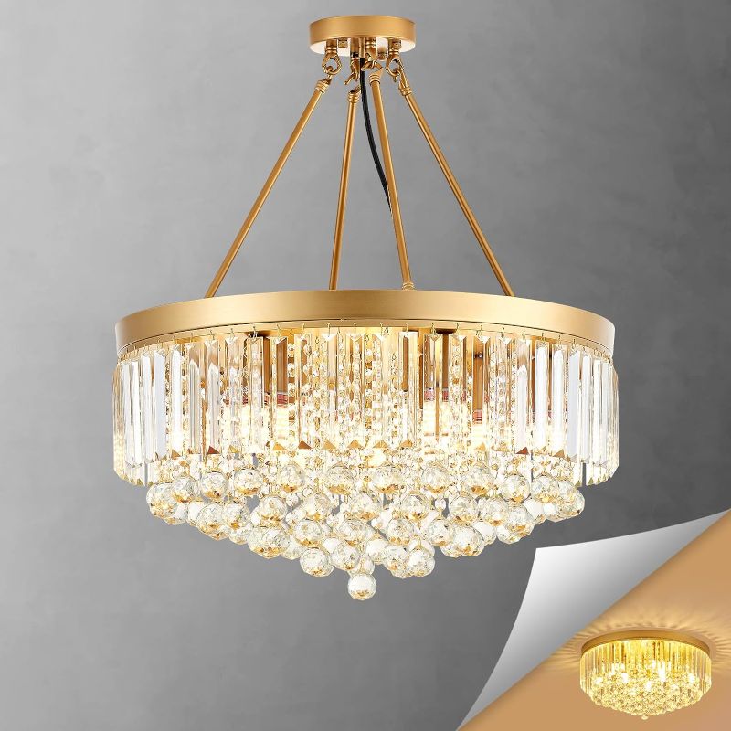 Photo 1 of 9-Light Gold Crystal Chandelier Contemporary 22'' Modern Semi Flush Ceiling Crystal Hanging Light Sparkling Decoration for Bedroom Entryway Living Dining Room Kitchen Island Hallway