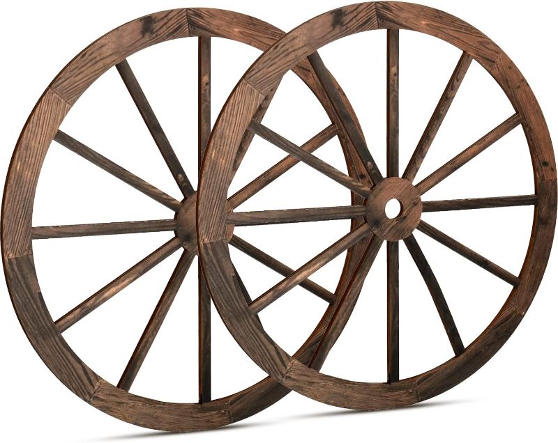 Photo 1 of 2 Pcs Wagon Wheel Decor Wooden Western Cowboy Party Decorations Vintage Rustic Wagon Wheel Wood Cartwheel Decor for Bar Garage Indoor Outdoor (Brown,18 Inch)