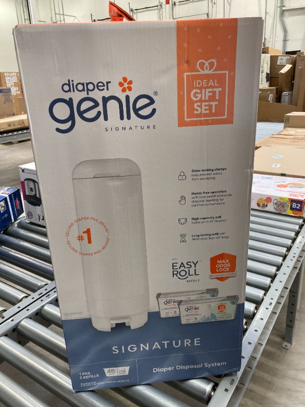 Photo 1 of Diaper Genie Complete Diaper Pail (White) with Antimicrobial Odor Control | Includes 1 Diaper Trash Can, 1 Refill Bags, 1 Carbon Filter, Packaging may vary