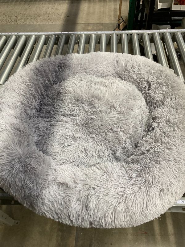 Photo 2 of Kimpets Dog Bed Calming Dog Beds for Small Medium Large Dogs - Round Donut Washable Dog Bed, Anti-Slip Faux Fur Fluffy Donut Cuddler Anxiety Cat Bed(35") L 36''x36'' Light Grey