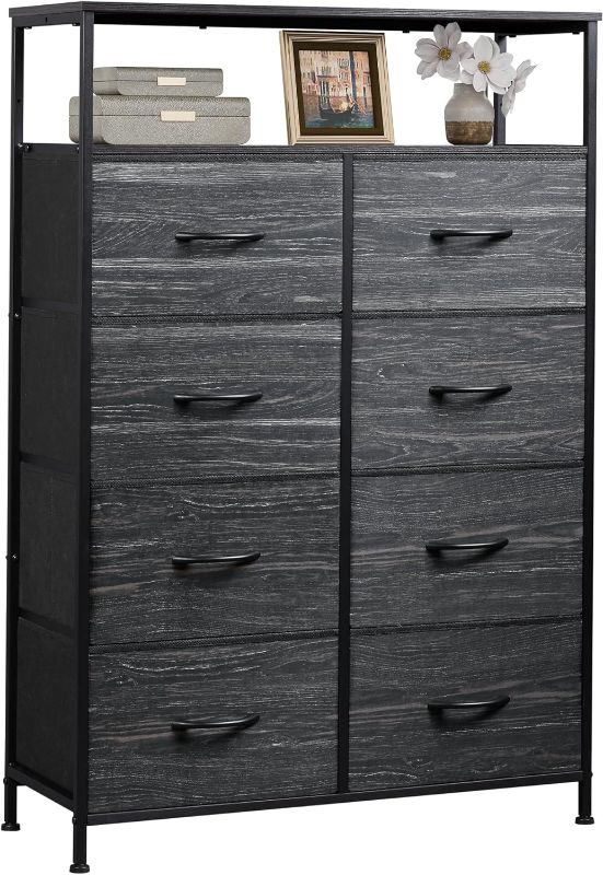 Photo 1 of WLIVE Fabric Dresser for Bedroom with Open Shelves, Tall Dresser with 8 Drawers, Storage Tower with Fabric Bins, Chest of Drawers for Closet, Living Room, Hallway, Charcoal Black Wood Grain Print