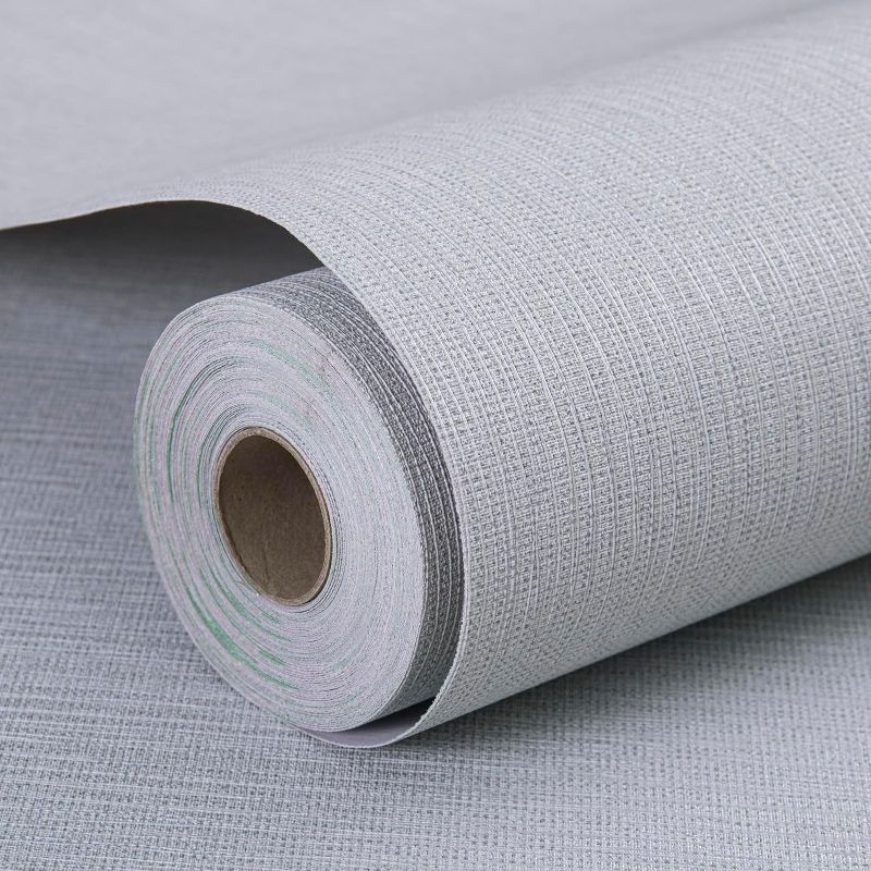 Photo 1 of FUKU MON Grasscloth Peel and Stick Wallpaper Light Gray Textured 24inX393in Removable Thick Fabric Linen Grey Wallpaper Self-Adhesive Wallpaper Linen Removable Wallpaper for Home Use Cabinets