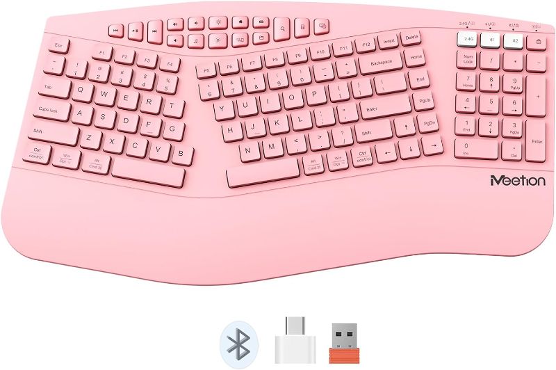 Photo 1 of MEETION Ergonomic Keyboard, Multi-Device Bluetooth Keyboard with Wrist Rest, Full-Sized Cordless Split Keyboard, Type- C Rechargeable Keyboard, Ergo Keyboard for PC/Computer/Laptop/Window, Pink