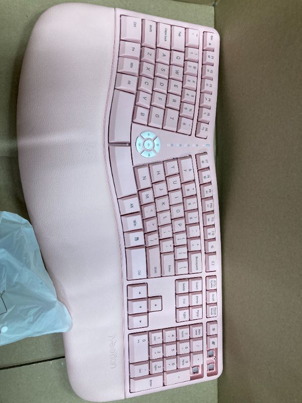 Photo 4 of MEETION Ergonomic Keyboard, Multi-Device Bluetooth Keyboard with Wrist Rest, Full-Sized Cordless Split Keyboard, Type- C Rechargeable Keyboard, Ergo Keyboard for PC/Computer/Laptop/Window, Pink