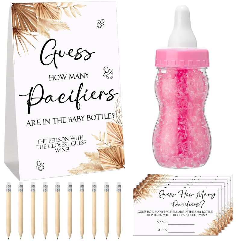 Photo 1 of Baby Shower Games Guess How Many Pacifiers Game Sign 100 Small Guessing Games 10 Hb Pencils 750 ml Milk Bottle 400 Acrylic Pacifiers Decorations Guests Gender Reveal Party Favors (Pink, Boho)