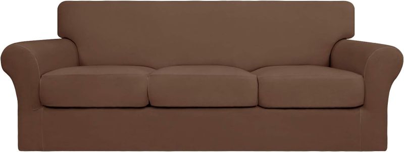 Photo 1 of Easy-Going 4 Pieces Stretch Soft Couch Cover for Dogs - Washable Sofa Slipcover for 3 Separate Cushion Couch - Elastic Furniture Protector for Pets, Kids (Sofa, Brown, Large)