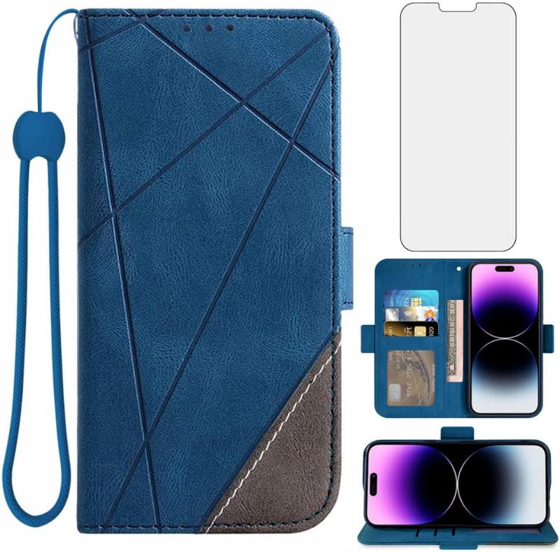 Photo 1 of Asuwish Compatible with iPhone 14 Pro Max 6.7 inch Wallet Case and Tempered Glass Screen Protector Flip Card Slot Holder Stand Cell Accessories Phone Cover for iPhone14 ProMax 5G i 14promax Plus Blue