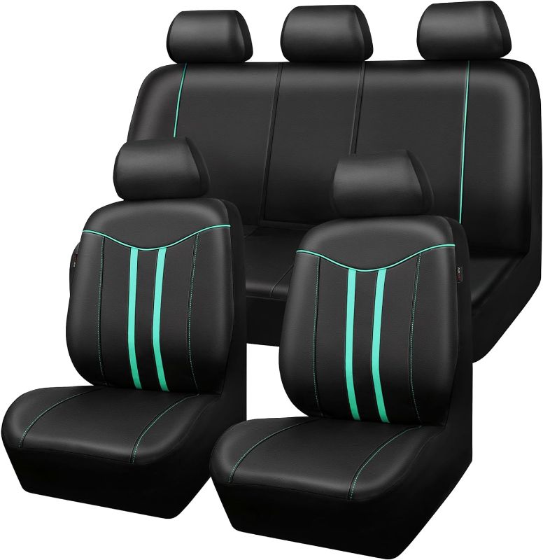 Photo 1 of CAR-GRAND Piping Leather Car Seat Covers Full Set, Universal Stylish Automotive Waterproof Seat Covers with Airbag Compatible,2 Zipper Bench Design,Fit 90% SUV,Truck,Sedan (Black Mint)