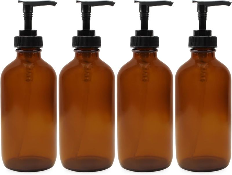 Photo 1 of Cornucopia 8oz Glass Pump Bottles (4-Pack, Amber Brown), Lotion Soap Dispensers w/Black Plastic Pumps