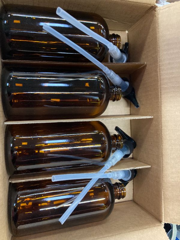 Photo 1 of Cornucopia 8oz Glass Pump Bottles (4-Pack, Amber Brown), Lotion Soap Dispensers w/Black Plastic Pumps