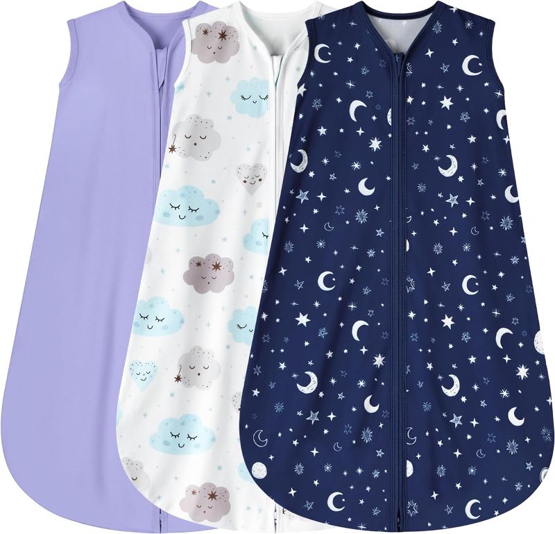 Photo 1 of 3 Pack Baby Sleep Sack 0-6 Months 100% Rayon Cotton Baby Sleeping Bag 2-Way Zipper Toddler Wearable Blankets Comfy Stretchy Lightweight TOG 0.3 ?Purple&Clouds&Starry Sky?