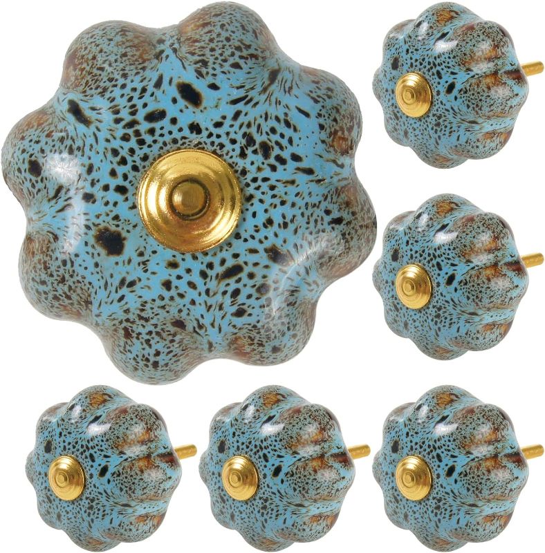 Photo 1 of Cabinet Knobs Drawer Knobs Vintage Pumpkin Ceramic Knob 6 Pcs Drawer Pull Glazed Ceramic Knobs Pull Handle for Vintage Cabinet Drawers, Closets, Cupboard, Drawer Knobs(6, Pumpkin Blue)