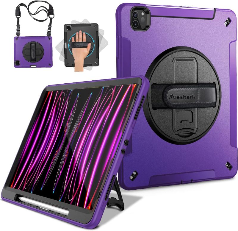 Photo 1 of Miesherk Case for iPad Pro 12.9 2022/2021: Military Grade Heavy Duty Shockproof Cover for iPad Pro 12.9 Inch 6th/5th Generation- Pencil Holder - Rotating Stand - Hand/Shoulder Strap - Purple