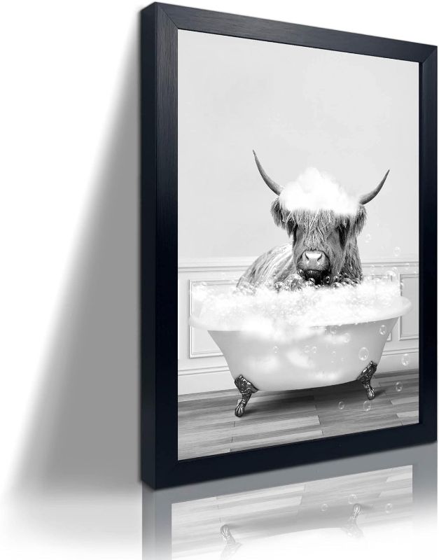 Photo 1 of Funny Highland Cow Framed Wall Art in Bathtub,Black and White Canvas Cow in Bathroom Picture, Farmhouse Bathroom Decor,Humor Animals Bathroom Painting Canvas Rustic Style Artwork(8"x10", Framed)