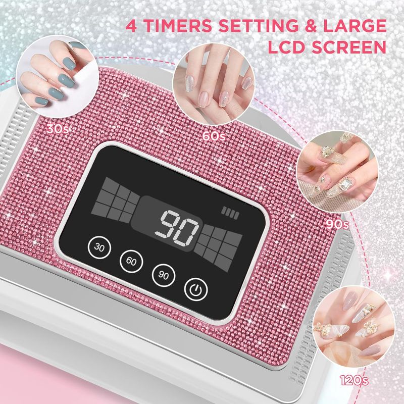 Photo 1 of Cordless Nail Lamp, 120W Rechargeable UV Nail Lamp for Gel Nails, LED Nail Lamp with 4 Timer Modes, Gel Nail Light Decorate with Sparkling Nail Rhinestones Diamond