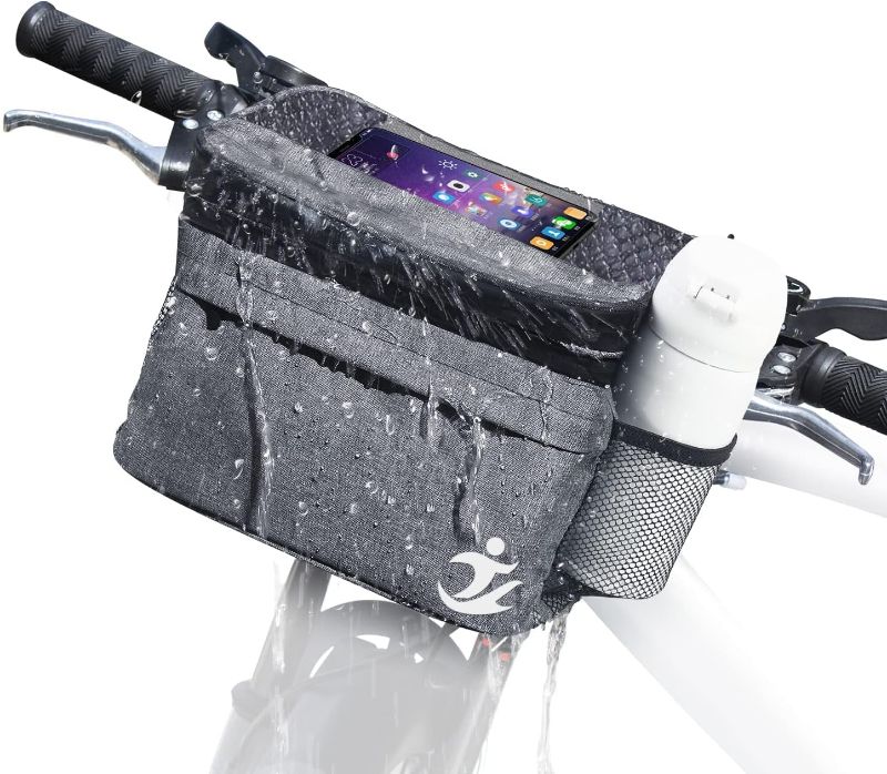 Photo 1 of Bike Basket Front Bag, Bicycle Insulated Handlebar Bag with Touch Screen Phone Holder Frame Tube Bag 6L Storage Bag Keep Cooling with Mesh Pockets for Men Women Riding Picnic Camping Black