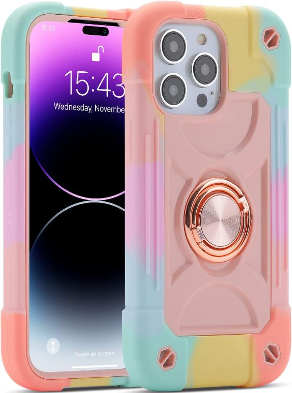 Photo 1 of MARKILL Compatible with iPhone 14 Pro Max Case 6.7 Inch with Ring Stand, [Soft Silicone and Hard Plastic ] Heavy-Duty Military Grade Shockproof Phone Cover for iPhone 14 Pro Max. (Rainbow Pink)