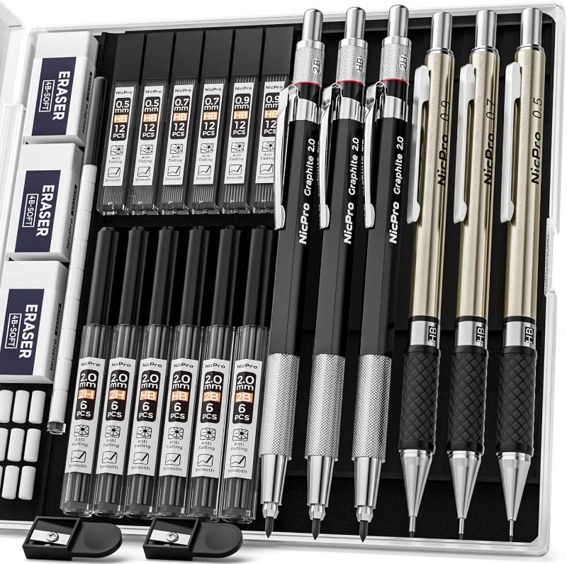 Photo 1 of 6PCS Art Mechanical Pencils Set, 3PCS Metal Drafting Pencil 0.5 mm & 0.7 mm & 0.9 mm & 3PCS 2mm Graphite Lead Holder (2B HB 2H) For Writing, Sketching Drawing With Lead Refills Case