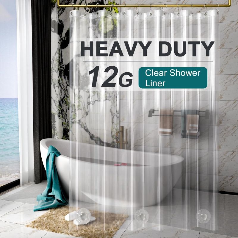 Photo 1 of AmazerBath Heavy Duty Shower Curtain Liner 12 Gauge, 72 x 96 Inches Clear Shower Curtain Liner with 3 Clear Stones and 12 Grommet Holes, Weighted Plastic Shower Curtain Liner