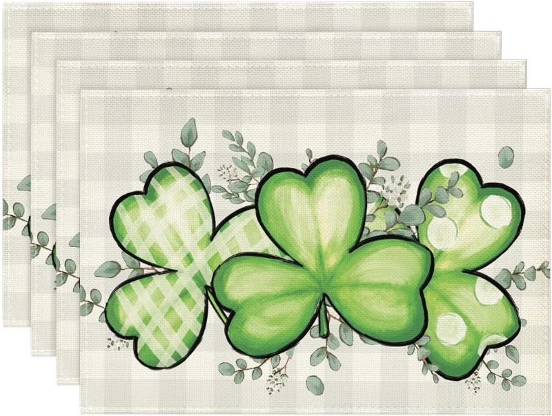 Photo 1 of Artoid Mode Bufflao Plaid Shamrock St. Patrick's Day Placemats Set of 4, 12x18 Inch Seasonal Spring Table Mats for Party Kitchen Dining Decoration