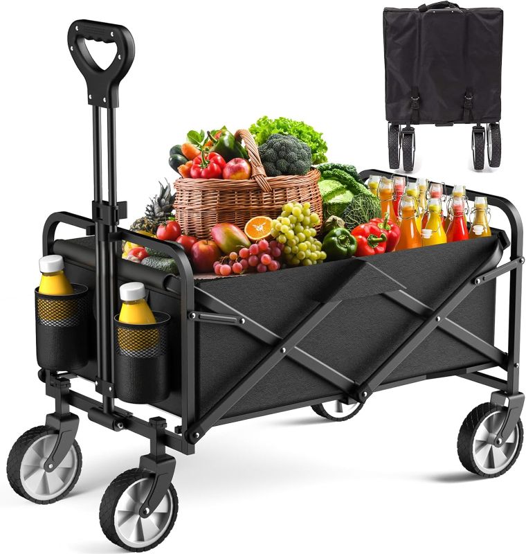 Photo 1 of Collapsible Folding Wagon, LUBBYGIM Outdoor Utility Wagon Cart Heavy Duty Foldable with Universal Wheels & Adjustable Handle, Foldable Grocery Wagon for Garden Camping Shopping Sports
