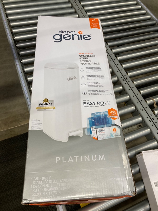 Photo 2 of Diaper Genie Platinum Pail (Lilly White) is Made of Durable Stainless Steel and Includes 1 Easy Roll Refill with 18 Bags That can Last up to 5 Months.