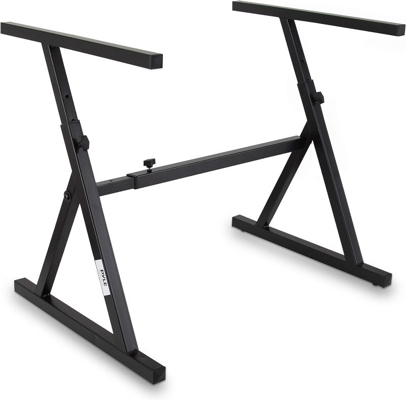 Photo 1 of Pyle Heavy Duty Folding Keyboard Stand - Sturdy Reinforced Z Design w/ Adjustable Width & Height, Foam Padded Arms, Digital Piano Stand, Fits 54-88 Key Electric Pianos & Used for Travel & Storage