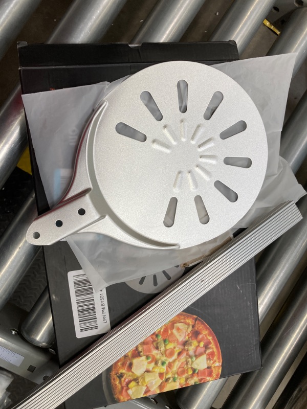 Photo 2 of Pizza Turning Peel, 8-inch Pizza Peel Turner Spinner, Long Handle Perforated Aluminum Pizza Peel with Silicone Hook, Pizza Oven Accessories