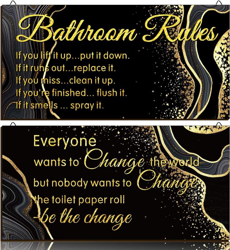 Photo 1 of 2 Pcs Black Gold Bathroom Wall Decor Bathroom Rules Wall Art Funny Gold Christmas Bathroom Decor Rustic Wood Black Gold Bathroom Accessories Hanging Wall Art for Holiday Kids Girls Bathroom