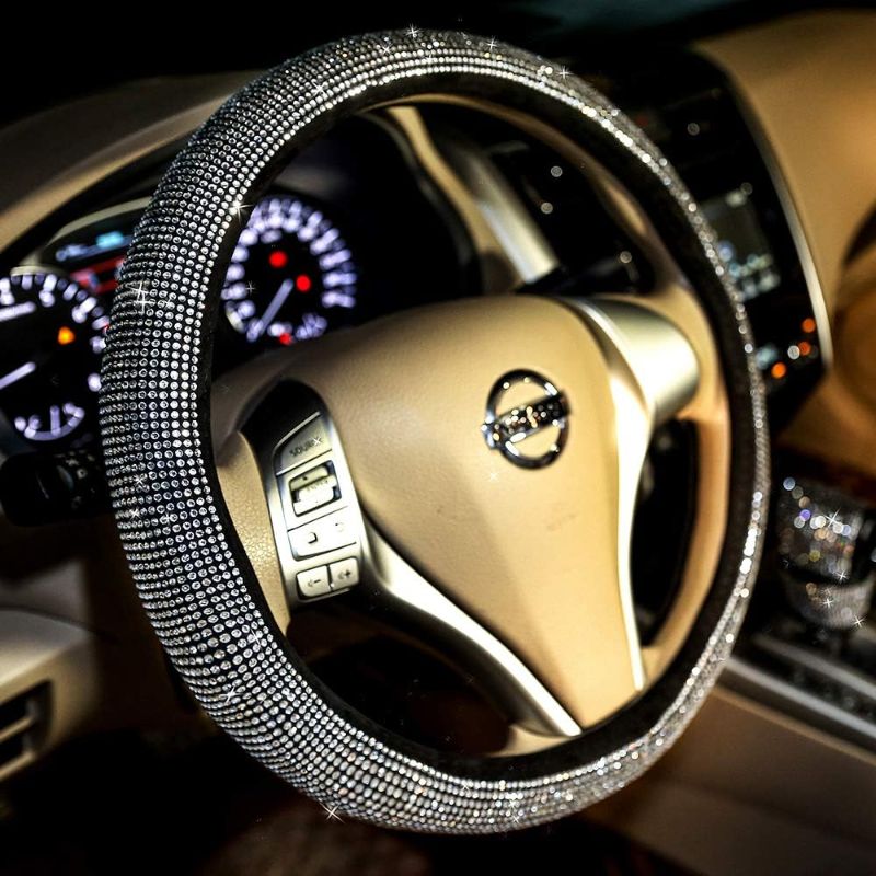 Photo 1 of Bling Bling Women Steering Wheel Cover for car, 15 Inch Universal White Crystal Rhinestone Diamond Bling Accessories Anti-Slip Wheel Protector