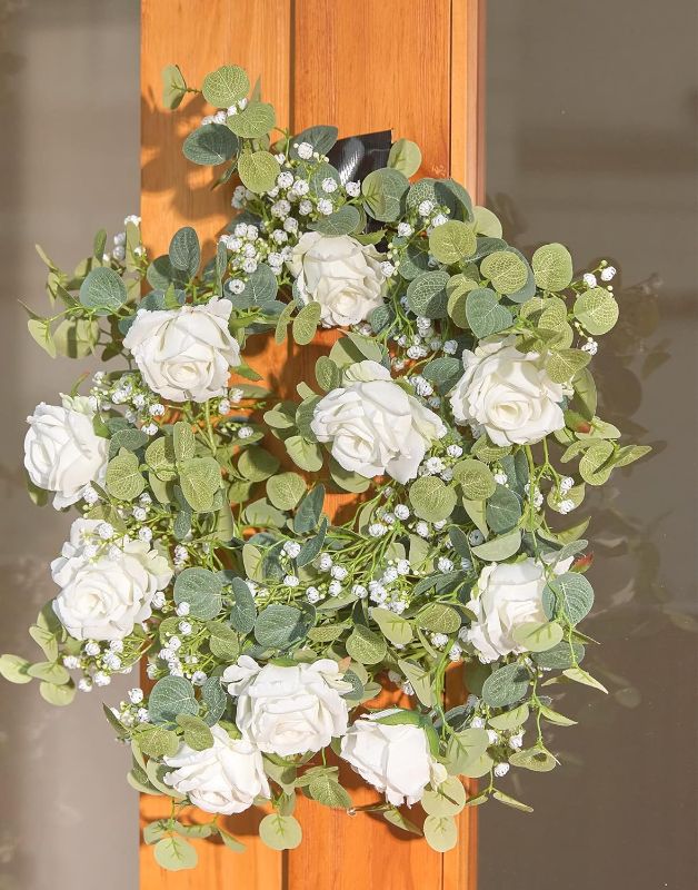 Photo 1 of Anna's Whimsy 5.91FT Artificial Eucalyptus Garland with Flowers, Fake Rose Gypsophila Garland, Faux Floral Garland Greenery Garland for Wedding Spring Home Party Craft Art Table Runner Decor