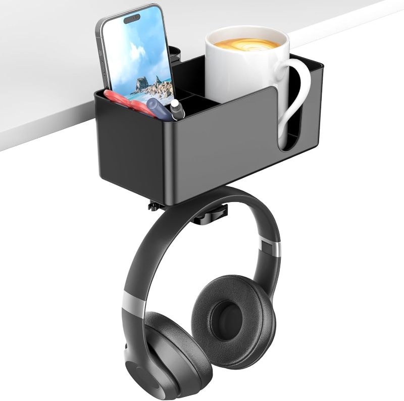 Photo 1 of KDD 4 in 1 Desk Cup Holder - Clamp on Under Desk Headphone Hanger - Rotating Headphone Holder Detachable Pen Cup Holder Desk Storage for Cup, Phone and Pen(Black)