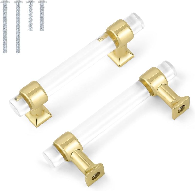 Photo 1 of 10 Pack Crystal Cabinet Pulls Polished Brass Base Drawer Dresser Closet Cabinet Pulls and Knobs Clear Acrylic Bedroom Bathroom Gold Pull Handles