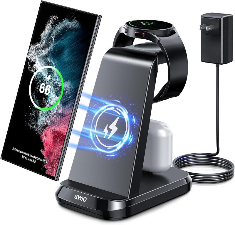 Photo 1 of Wireless Charger for Samsung Phones Watch Earbuds, SWIO 3 in 1 Charging Station for Multiple Devices Galaxy Watch 6/5/5 Pro/4/3, Galaxy S23 S22 S21 S20 /Note 20 10/ Z Fold 4 3 2, Buds/2/Pro/Live Black