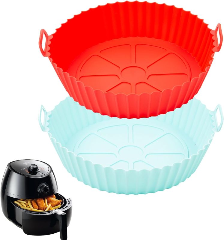 Photo 1 of 2 Pcs Round Silicone Air Fryer Liner -8in Fit 6-8 QT Air Fryer -Reusable Durable Heat Resistant Food Safe Dishwasher Safe Non-Stick (BLUE+RED). Silicone Bowl Air Fryer Kitchen Accessories