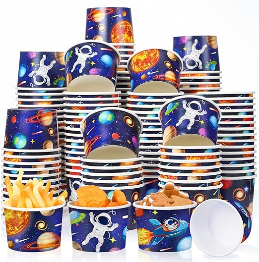 Photo 1 of 150 Pieces Space Party Supplies Galaxy Ice Cream Paper Cups Disposable Snack Bowls Paper Dessert Soup Bowls for Hot or Cold Food, Kids Solar System Theme Party Baby Shower Decoration, 8 oz
