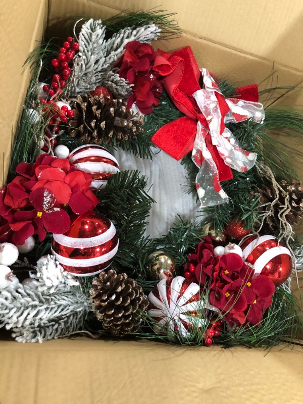 Photo 2 of 24 Inch Christmas Wreath, Pre-Lit Artificial Christmas Wreaths for Front Door Decorated with Large Red White Bow & Xmas Balls, 20 LED Lights for Indoor Outdoor Christmas Decorations Red & White