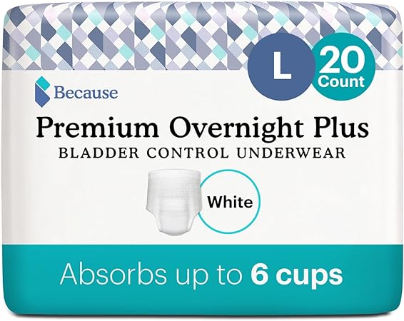 Photo 1 of Because Unisex Premium Overnight Plus Pull Up Underwear - Extremely Absorbent, Soft & Comfortable Nighttime Leak Protection - White, Large - Absorbs 6 Cups - 20 Count Large (Pack of 20)