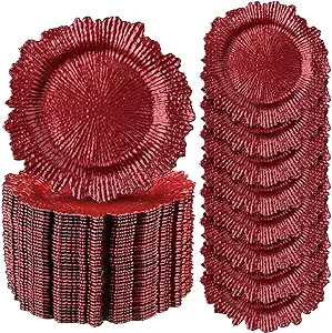 Photo 1 of Gerrii 36 Pcs 13 Inch Reef Charger Plates Set Plastic Plate Chargers Snowflake Decorative Table Charger Plates for Dinner Wedding Christmas Party Event Supplies Holiday Table Setting (Wine Red)