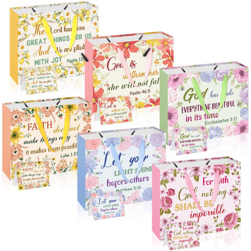 Photo 1 of Zhanmai 12 Sets Bible Verse Paper Gift Bags with Handles Religious Gift Bag Inspirational Flower Christian Gift Bags Baptism Gifts for Women Goodie Bags with Cards for First Communion Church Party