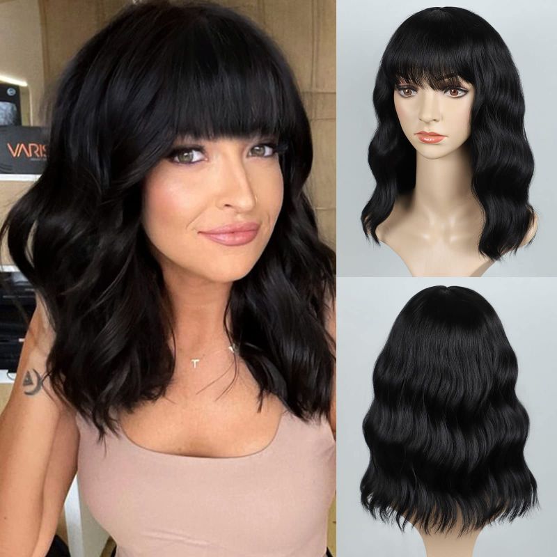 Photo 1 of BOGSEA Black Wig with Bangs Short Wave Bob Wigs for Women Synthetic Black Wig Heat Resistant Hair Short Black Wig for Everyday Party (Natural black)