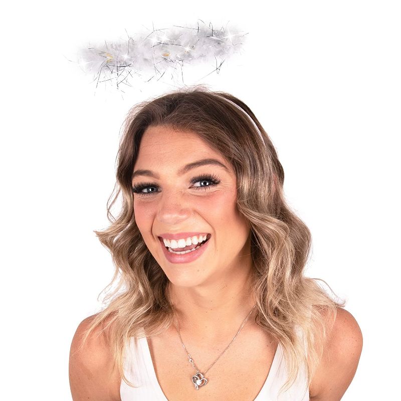 Photo 1 of Kangaroo Angel Halo Headband for White Angel Costume - Light up Headband with 6 White LED Lights & Feathers for Kids and Adults – Angel Halloween Costume Accessories for Women and Teen Girls