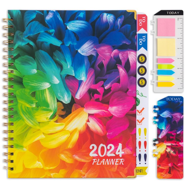 Photo 1 of Planner 2024 Daily Weekly Monthly Teacher Planner, 8.5"x11", Academic Hardcover Planner DEC 2023 to DEC 2024, 13-Month School Organizer, Spiral Notebook with Stickers, Inner Pocket, Coated Tabs Rainbow Petal LARGE: 8.5" x 11"