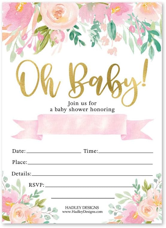 Photo 1 of 25 Pink Floral Baby Shower Invitations, Sprinkle Invite For Girl, Coed Garden Gender Reveal Theme, Cute Watercolor Roses Flowers DIY Fill or Write In Blank Printable Card, Greenery Gold Party Supplies

