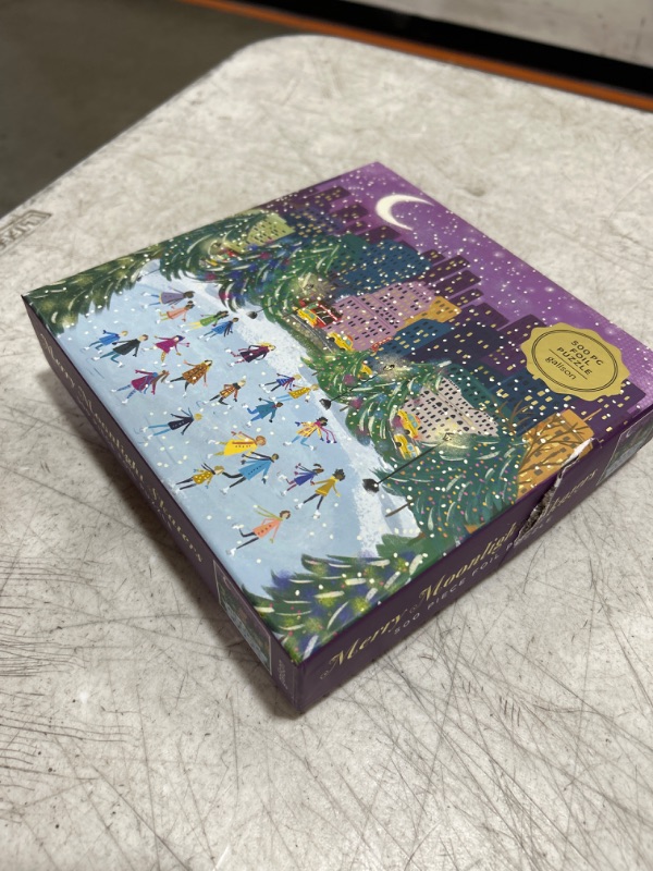 Photo 1 of Galison Merry Moonlight Skaters 500 Piece Foil Puzzle from Galison - Featuring Beautiful Illustrations of a Festive Winter Scene with Gold Foil Accents, 20" x 20", Makes a Wonderful