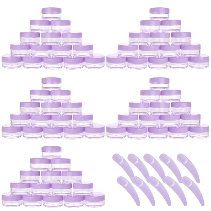 Photo 1 of 100 Pieces Cosmetic Samples Containers 10 Gram Plastic Jars with Lids Reusable and 10 Pcs Small Spatulas for Cosmetics - Purple 